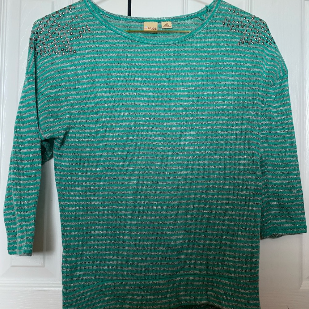 Green and Grey Striped Blouse with Studded Shoulders